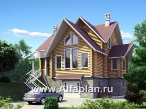 «Л-Хаус» - проект деревянного дома с мансардой, из бревен, с кабинетом на 1 эт, гараж и сауна в цоколе на уровне земли