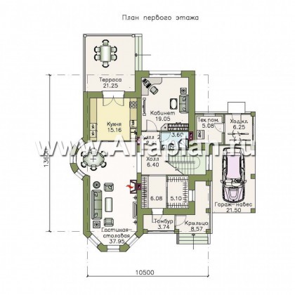 «Митридат» - проект двухэтажного дома, с эркером и с террасой, планировка с кабинетом на 1 эт, навес на 1 авто - превью план дома