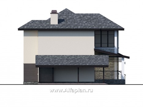 Проекты домов Альфаплан - "Одер" - стильный двухэтажный коттедж из газобетона с гаражом-навесом - превью фасада №3