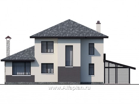 Проекты домов Альфаплан - "Одер" - стильный двухэтажный коттедж из газобетона с гаражом-навесом - превью фасада №4