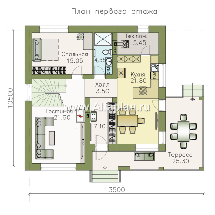 Проекты домов Альфаплан - Компактный дом с четырьмя спальными и угловой террасой - превью плана проекта №1