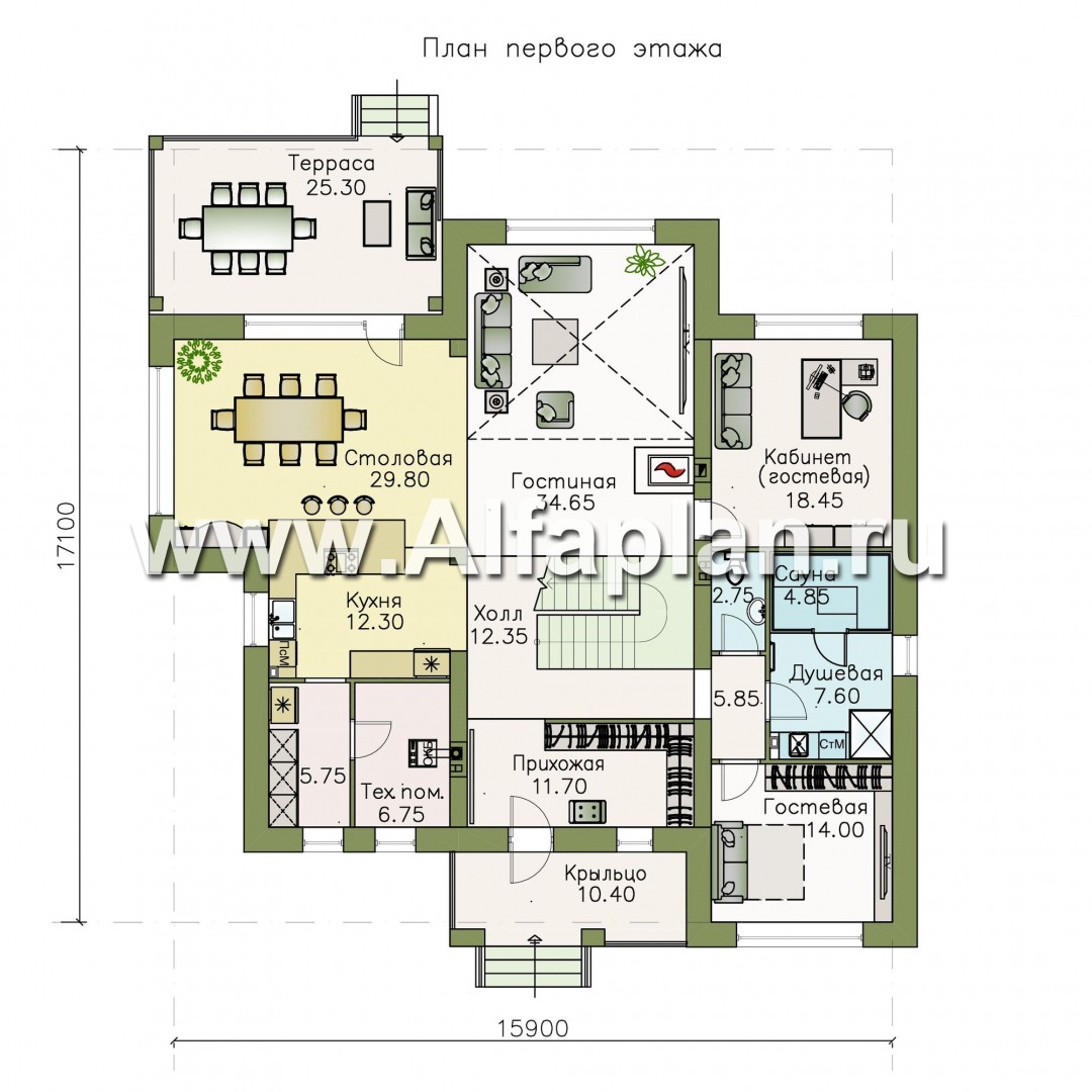 Проекты домов Альфаплан - «Неман» - загородный дом с двусветной гостиной - план проекта №1