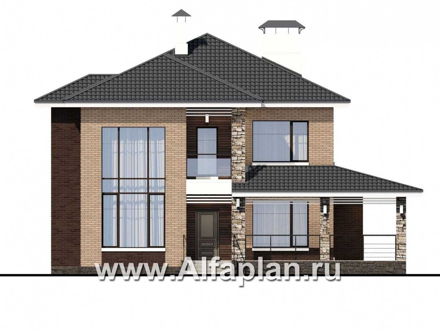 Проекты домов Альфаплан - «Роман с камнем» — двухэтажный коттедж с двусветной гостиной - изображение фасада №1