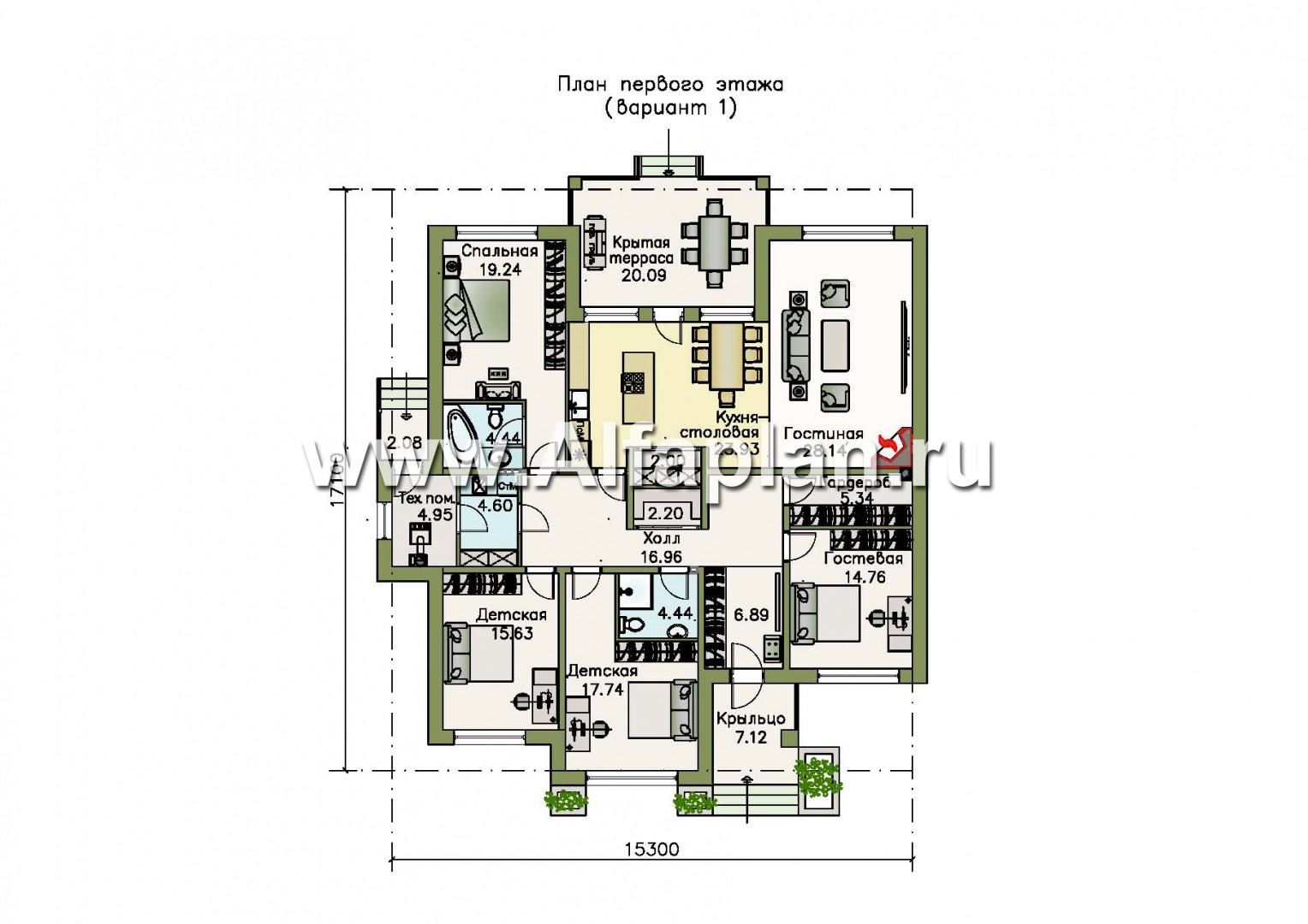 Проекты домов Альфаплан - «Калипсо» - комфортабельный одноэтажный дом c террасой - план проекта №1