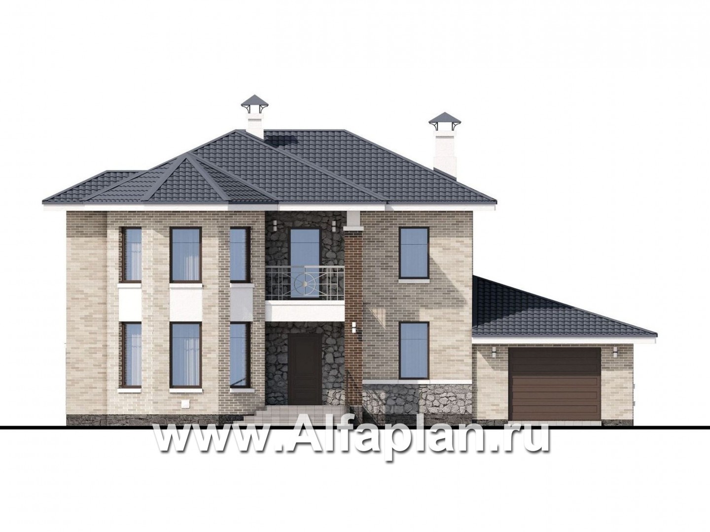 Проекты домов Альфаплан - «Благополучие» - классический коттедж с открытой планировкой и гаражом - изображение фасада №1