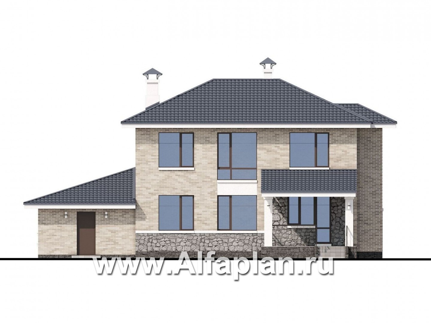 Проекты домов Альфаплан - «Благополучие» - классический коттедж с открытой планировкой и гаражом - изображение фасада №3