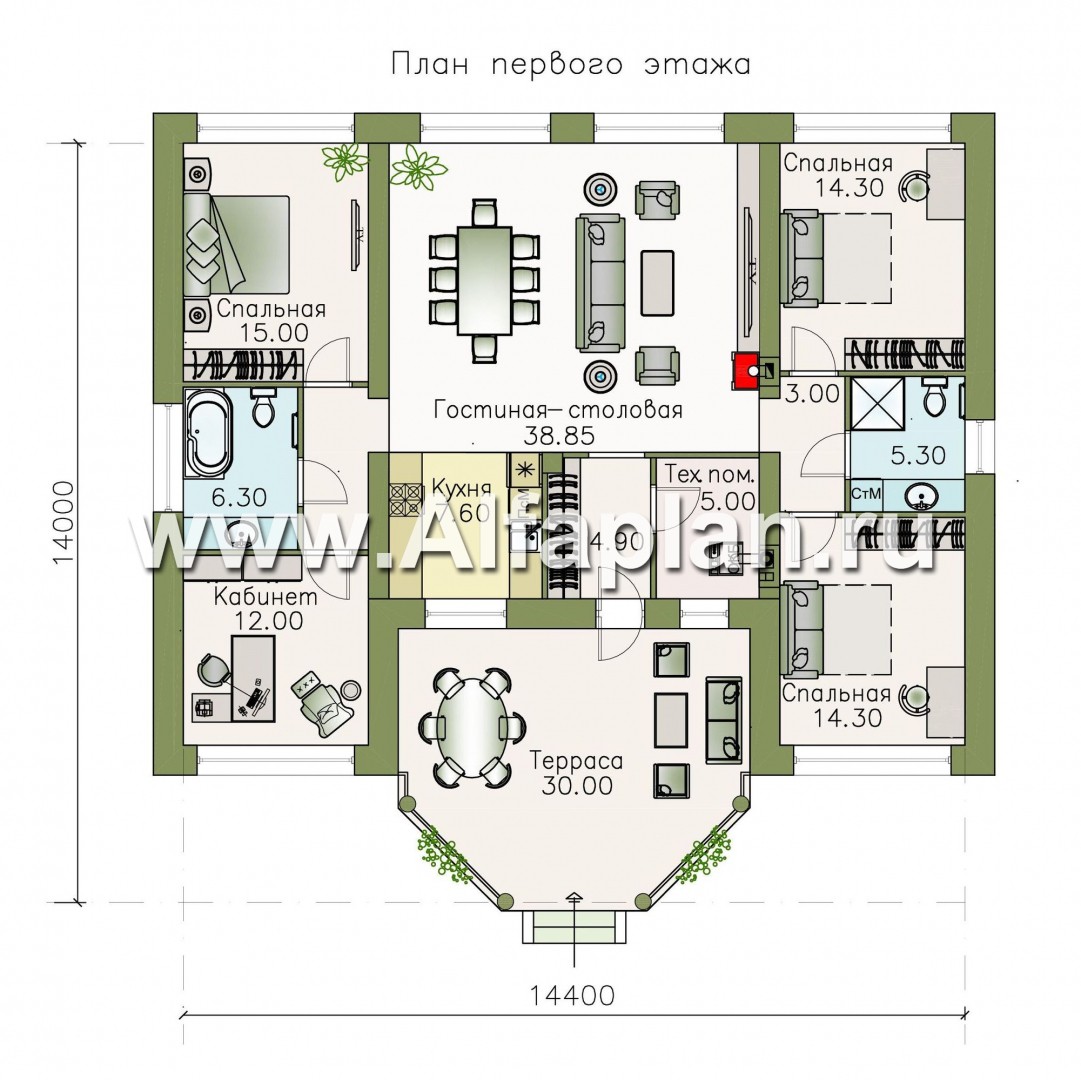 Проекты домов Альфаплан - «Леда» - одноэтажный дом с четырьмя комнатами и большой террасой - план проекта №1