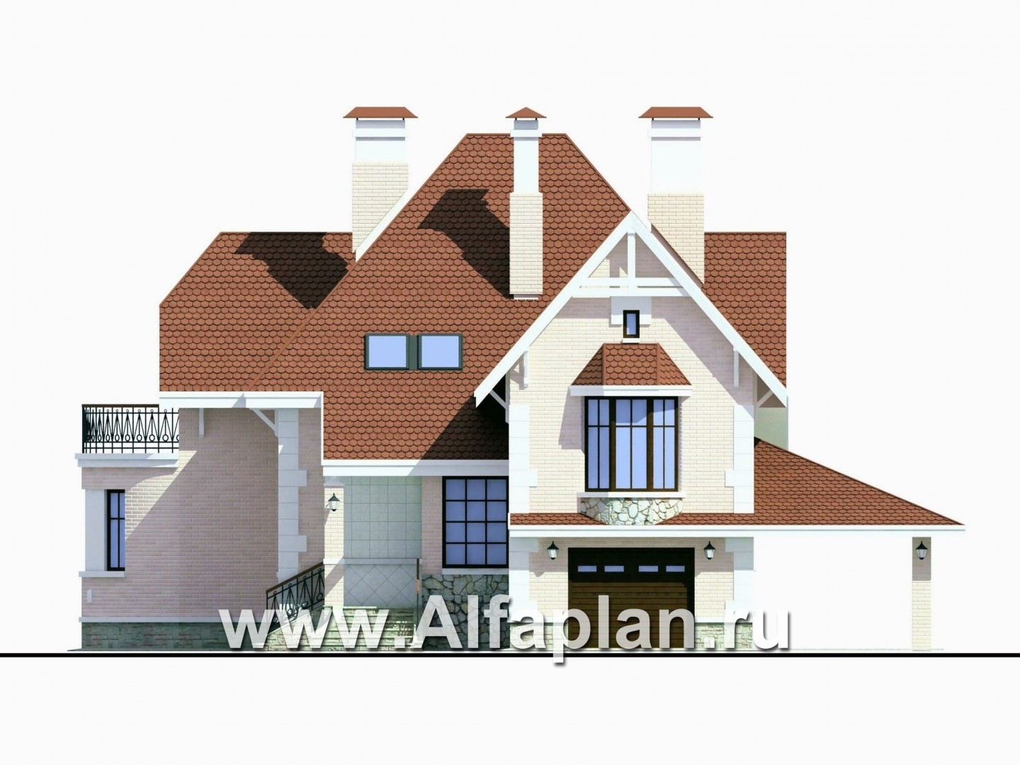 Проекты домов Альфаплан - «Ветер перемен»- коттедж с гаражом и навесом для автомобиля - изображение фасада №1