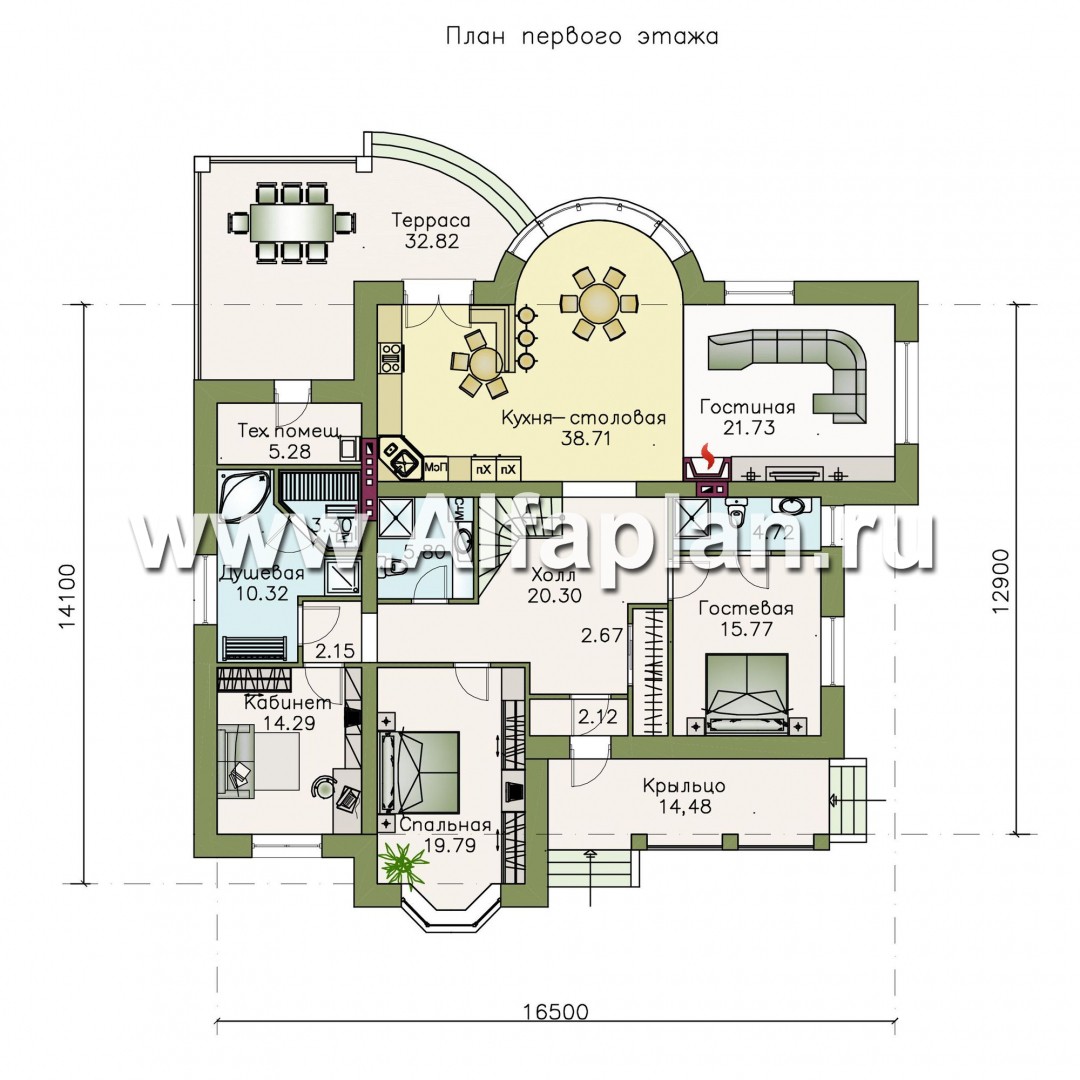 Проекты домов Альфаплан - «Линия судьбы» - одноэтажный дом с бильярдной в мансарде - план проекта №1
