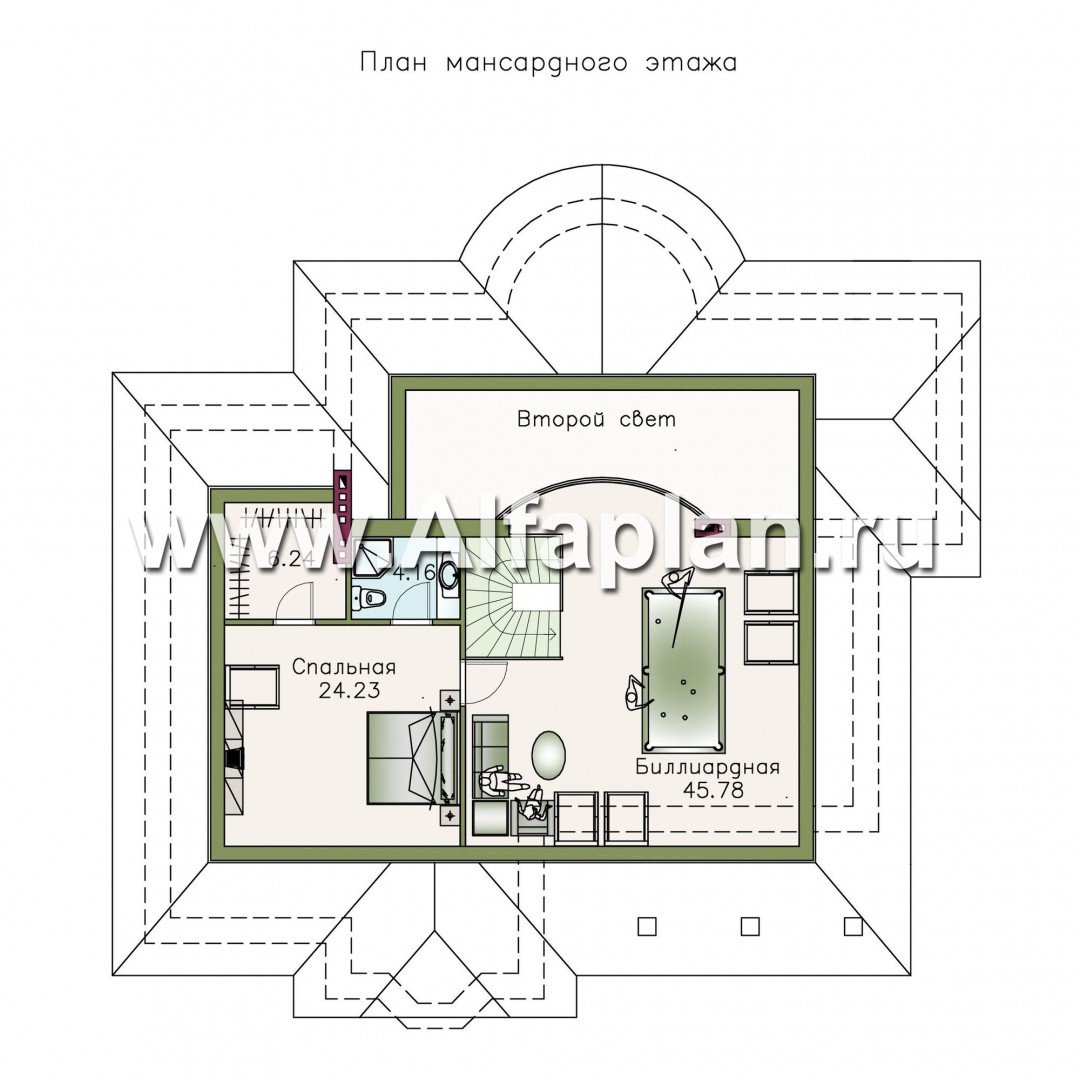 Проекты домов Альфаплан - «Линия судьбы» - одноэтажный дом с бильярдной в мансарде - изображение плана проекта №2
