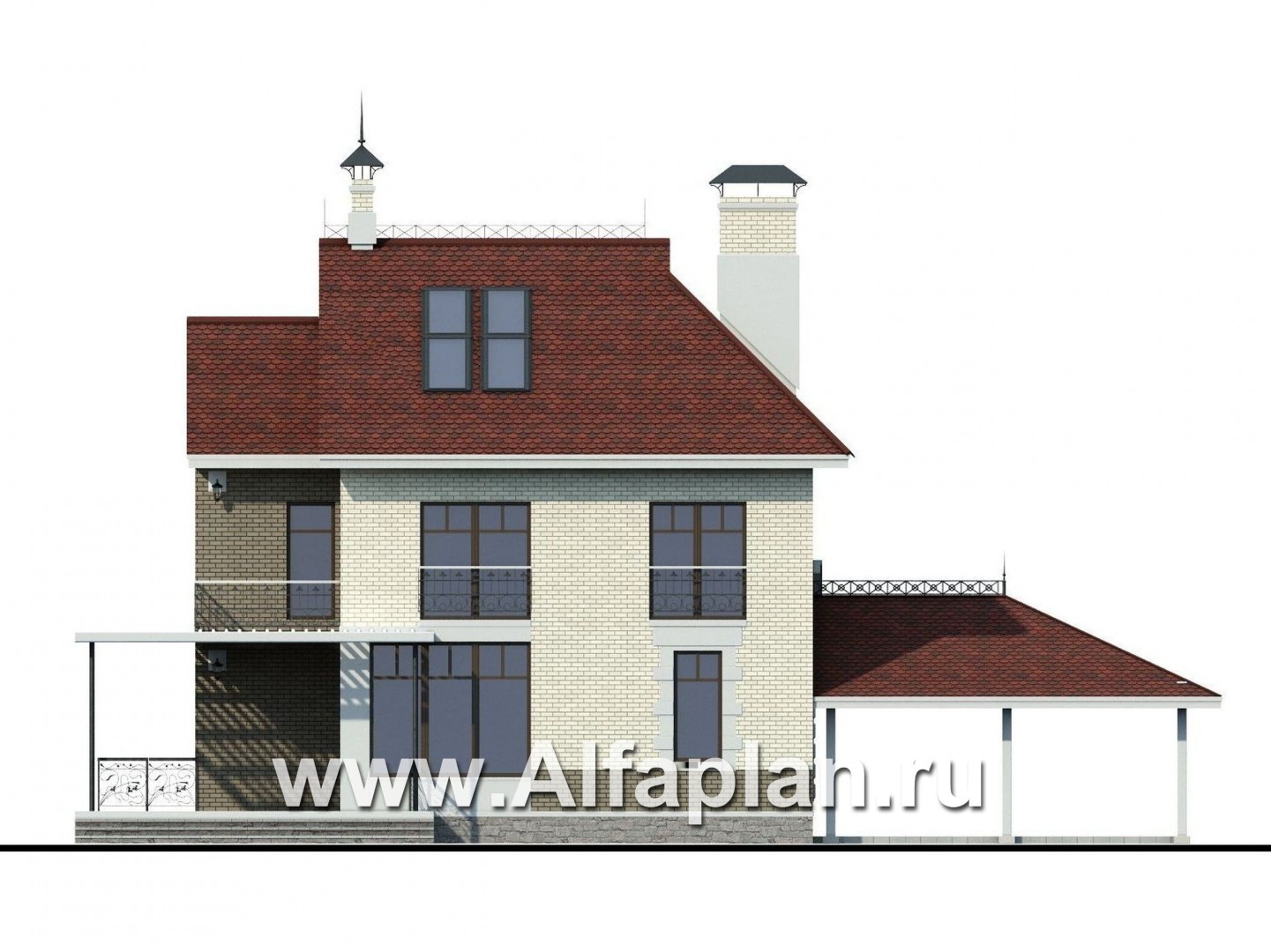 Проекты домов Альфаплан - «Дипломат Плюс» - дом с бильярдной и гаражом-навесом - изображение фасада №4