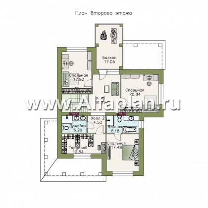 Проекты домов Альфаплан - «Реноме» - коттедж с красивой галереей и большой террасой - превью плана проекта №2