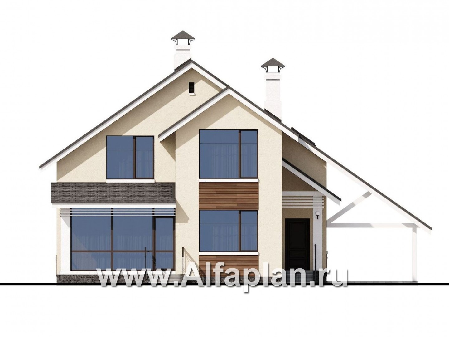 Проекты домов Альфаплан - «Реалист» - загородный дом с верандой и навесом для машины - изображение фасада №1