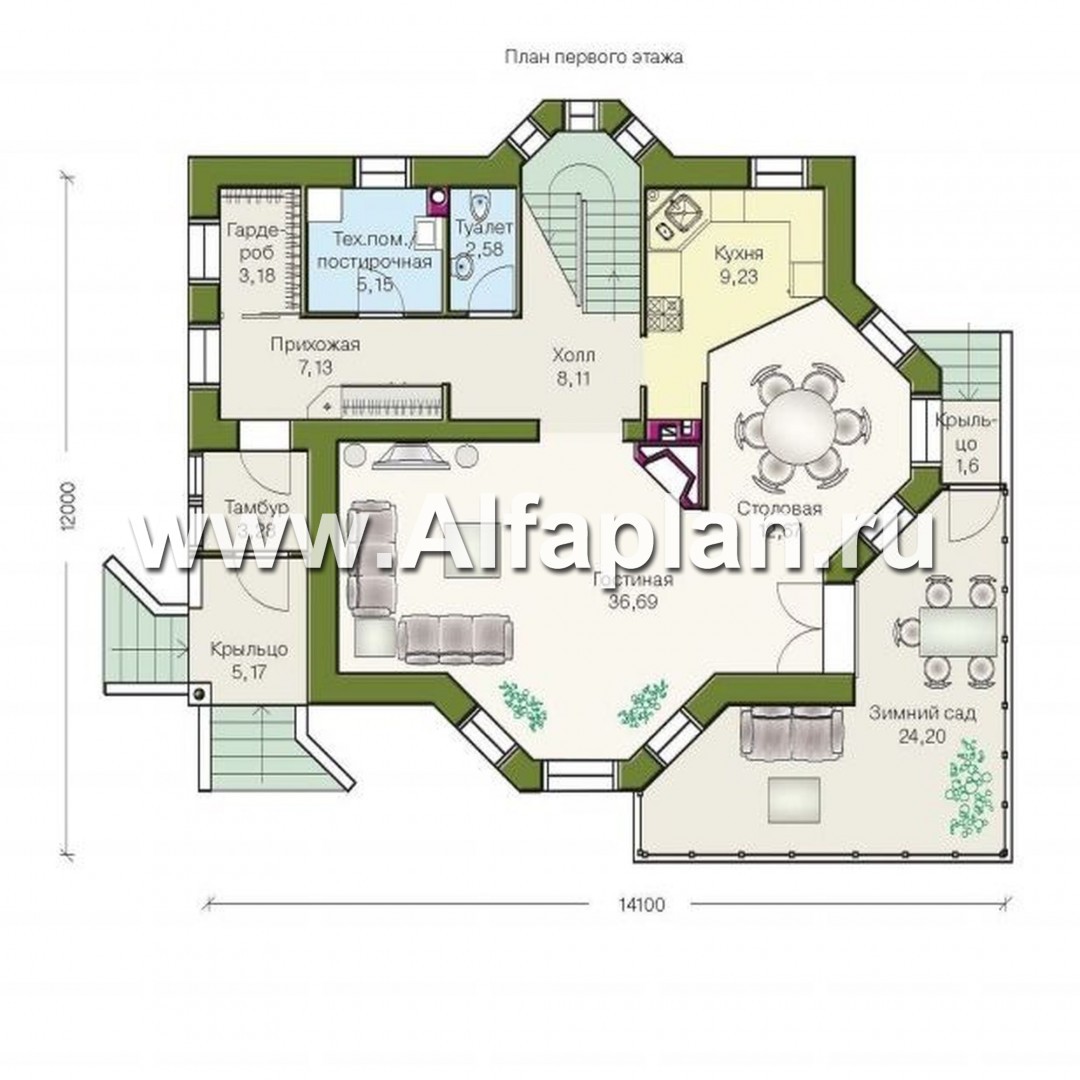 Проекты домов Альфаплан - «Соло»- небольшой коттедж с угловым зимним садом - план проекта №1