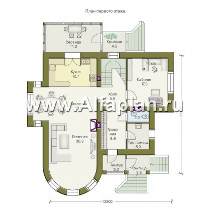 Проекты домов Альфаплан - «Авалон» - коттедж с полукруглым эркером - превью плана проекта №1