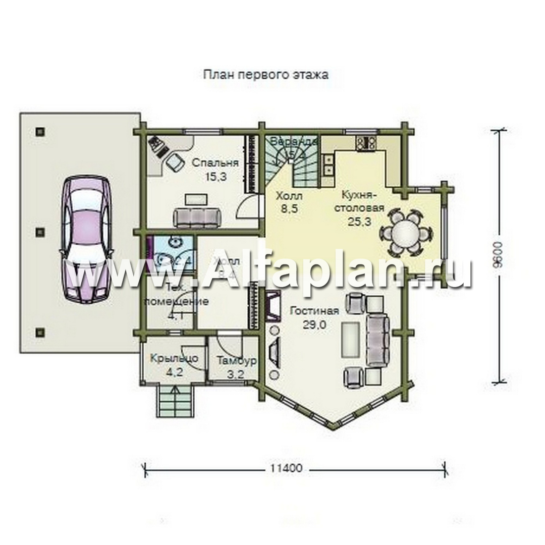 Проекты домов Альфаплан - «Л-Хаус» - деревянный дом с навесом для машины - план проекта №1