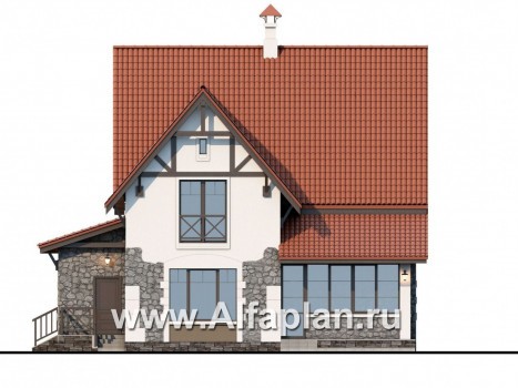 «Госпожа Буонасье» - красивый проект двухэтажного дома с мансардой, из газобетона, в стиле фахверк - превью фасада дома