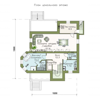 «Маленький принц» - проект двухэтажного дома, с эркером и с террасой, планировка с кабинетом на 1 эт и с цокольным этажом - превью план дома