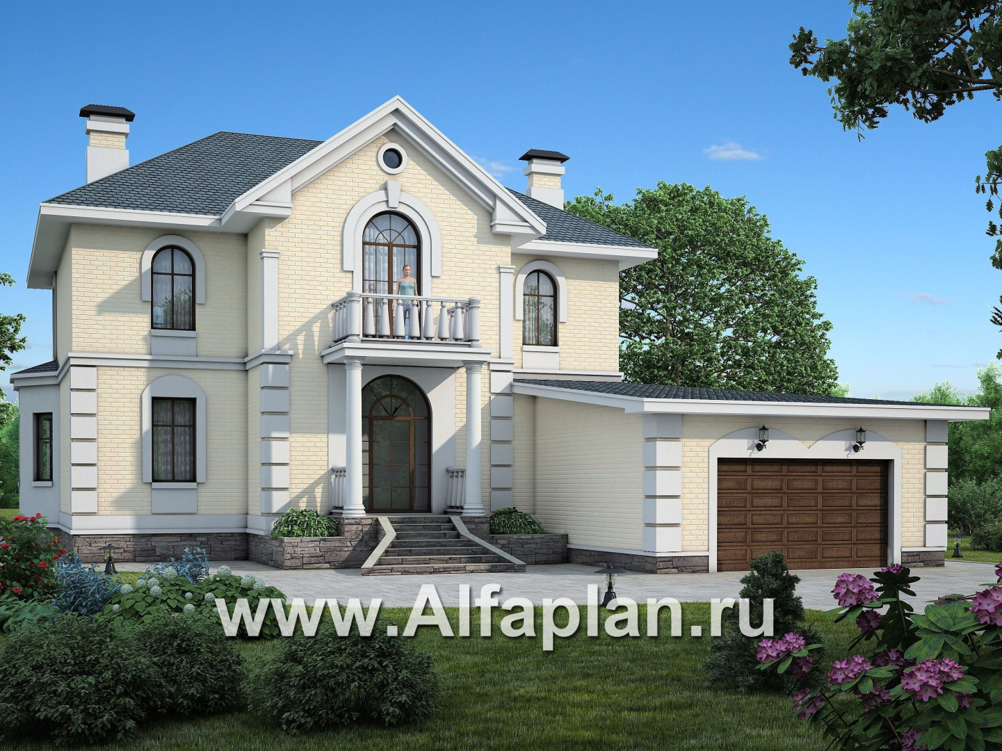 Проекты домов Альфаплан - «Петровское барокко»- двухэтажный коттедж с гаражом на два автомобиля - основное изображение