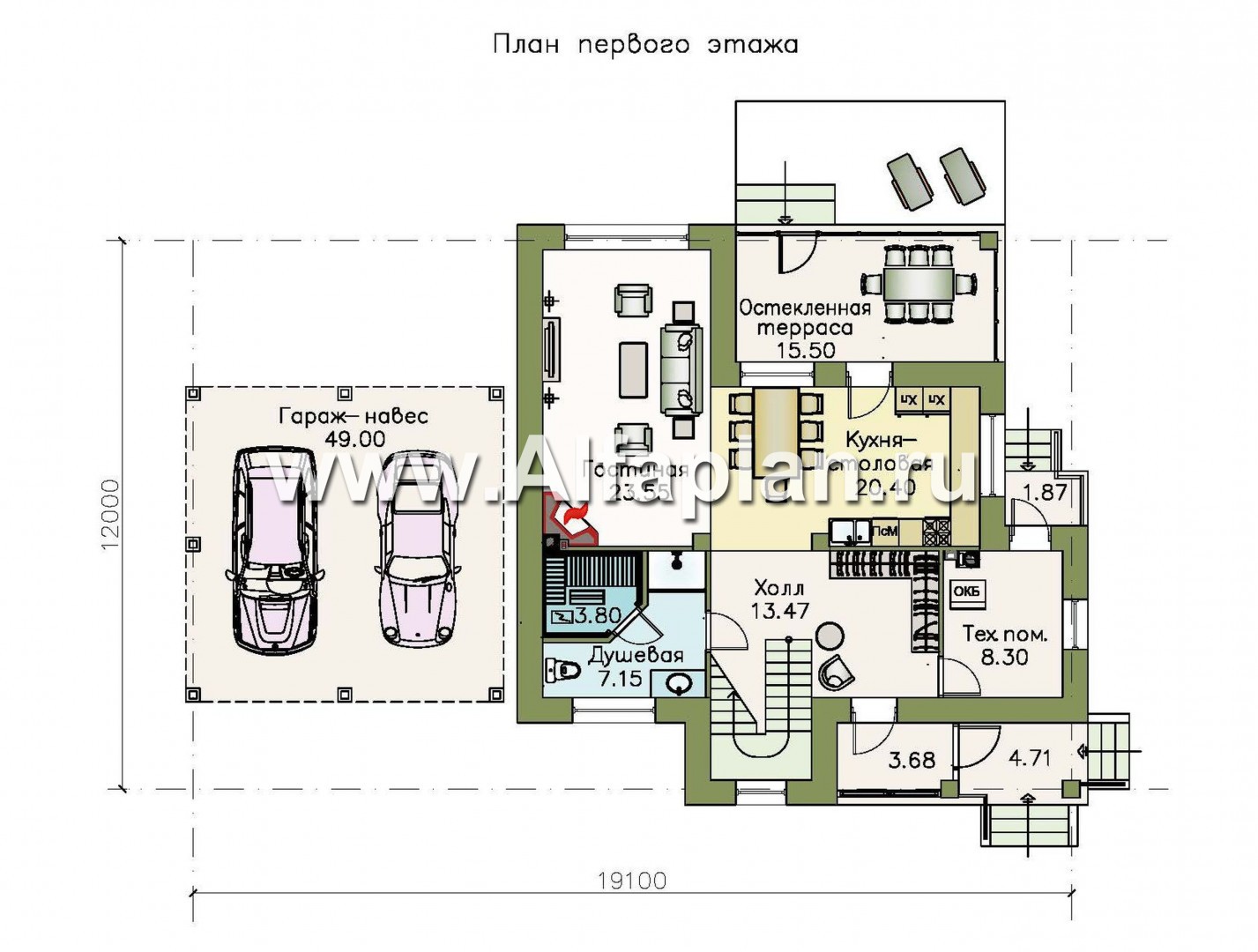 Проекты домов Альфаплан - «Кваренги» - коттедж с террасой и навесом для машины - план проекта №1