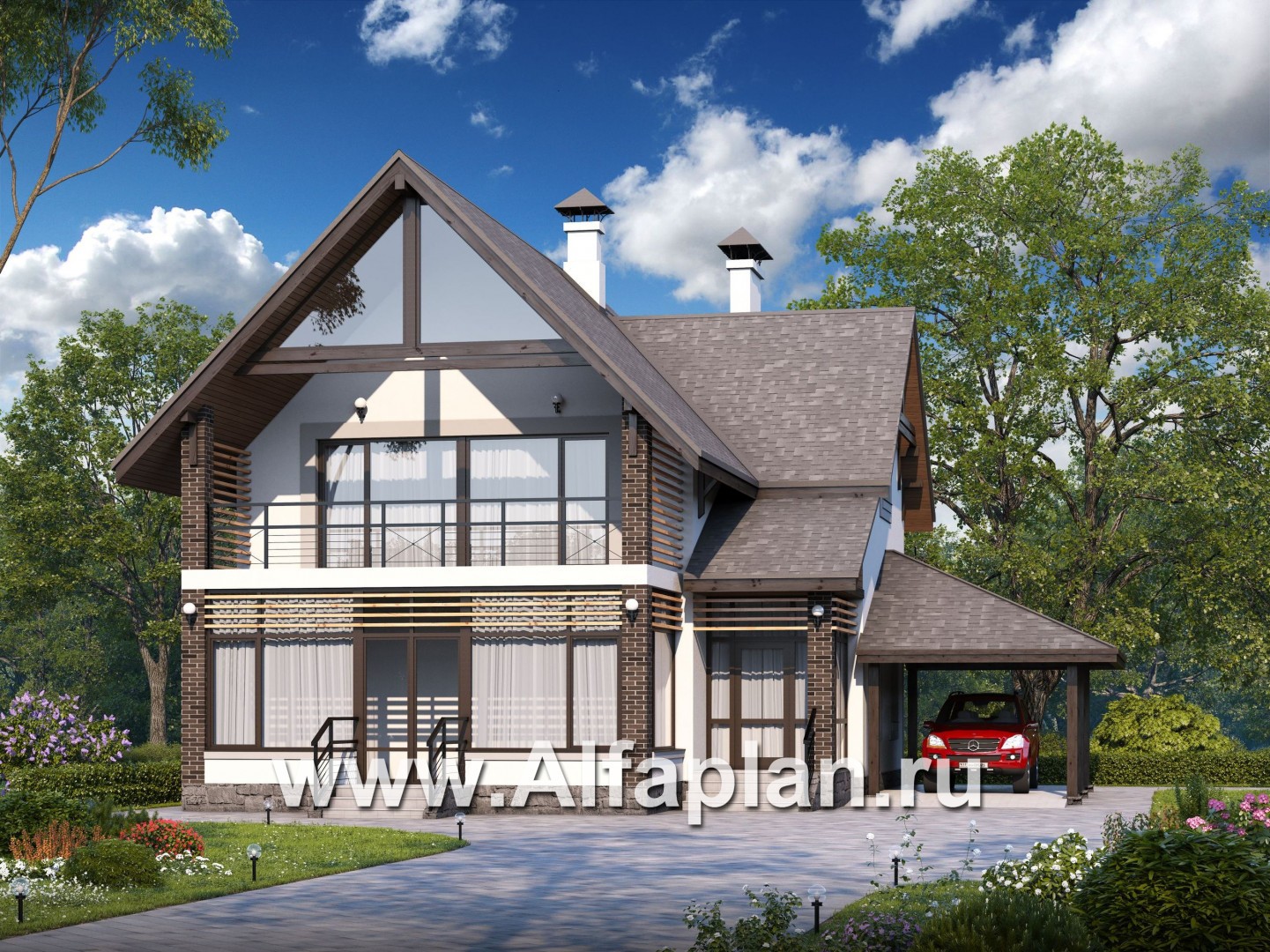Проекты домов Альфаплан - «Арматор»- современный дом с террасой, лоджией и навесом для авто. - основное изображение