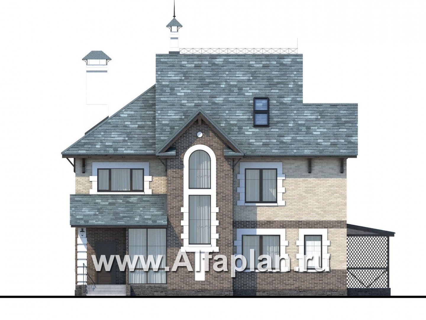 Проекты домов Альфаплан - «Северная регата» - коттедж с большой террасой и кинозалом - изображение фасада №1