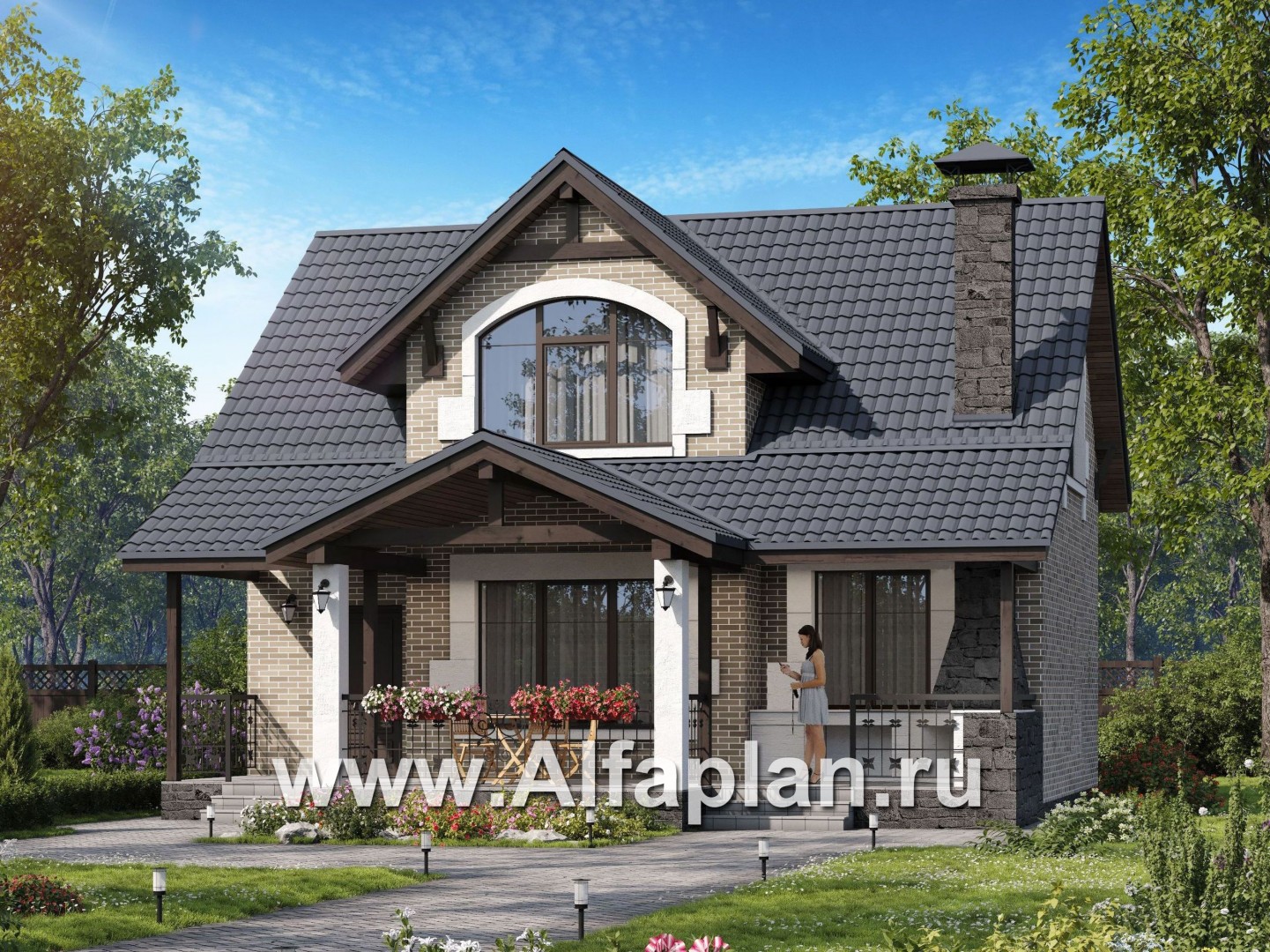 Проекты домов Альфаплан - "Отдых" - проект дома для дачи с мансардой и большой террасой - основное изображение