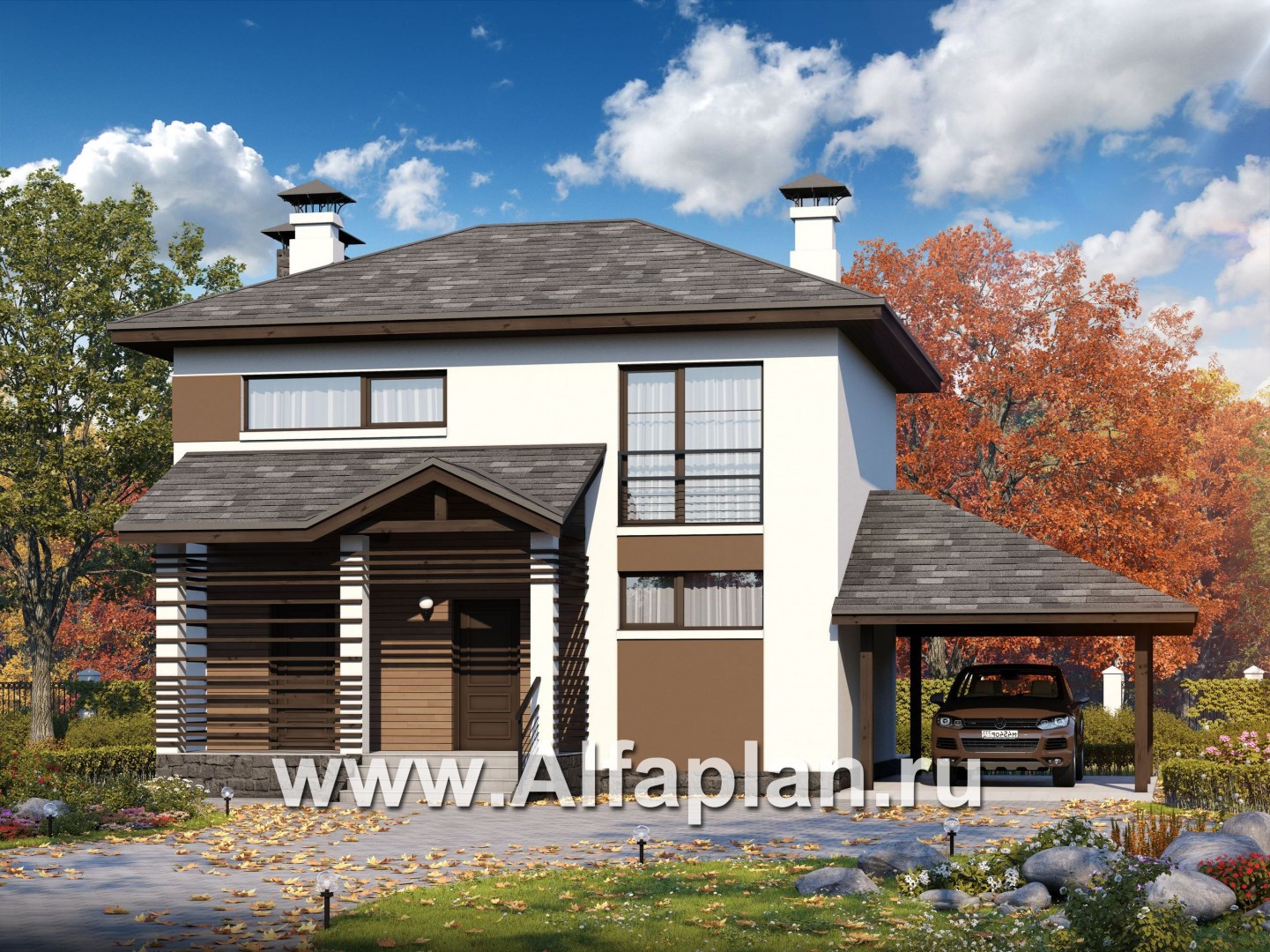 Проекты домов Альфаплан - Кирпичный дом «Панорама» с гаражом навесом - основное изображение