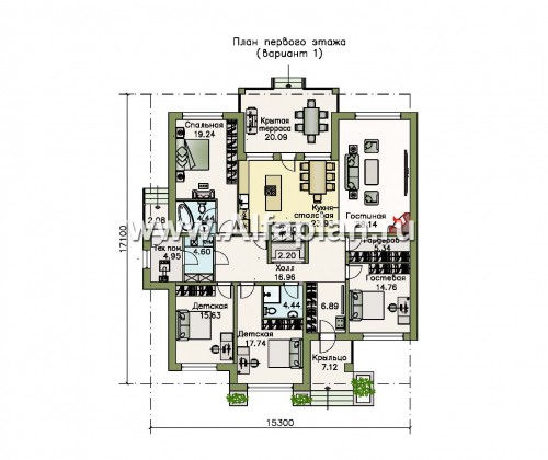 Проекты домов Альфаплан - «Калипсо» - комфортабельный одноэтажный дом c террасой - превью плана проекта №1