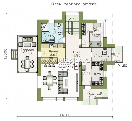 «Плеяды» — проект дома с мансардой, из кирпича или газобетона, с террасой и с сауной, современный стиль - превью план дома