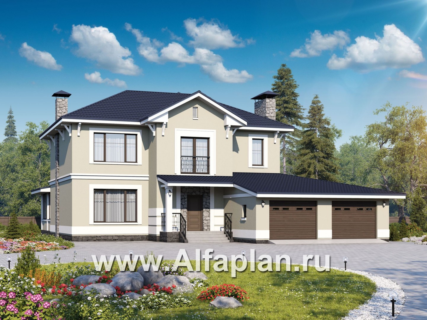 Проекты домов Альфаплан - «Семь ветров» - двухэтажный  комфортабельный коттедж с большим гаражом. - основное изображение