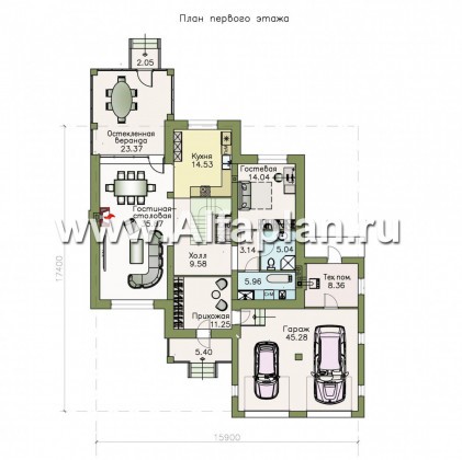 Проекты домов Альфаплан - «Семь ветров» - двухэтажный  комфортабельный коттедж с большим гаражом. - превью плана проекта №1