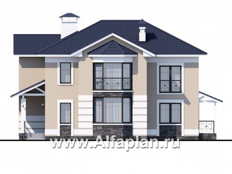 Проекты домов Альфаплан - «Диадема» - классический коттедж с изящным остекленным эркером - превью фасада №1