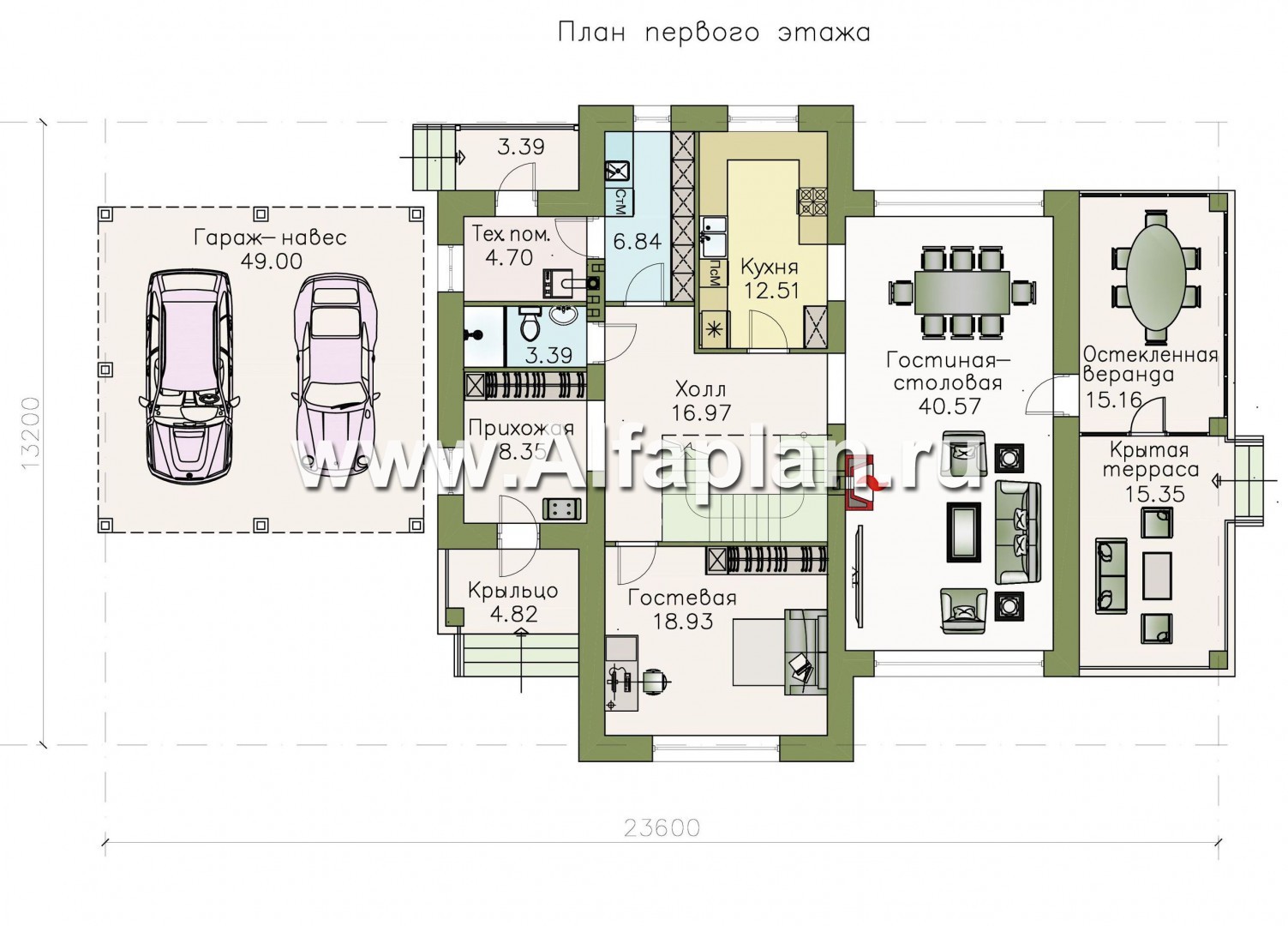 Проекты домов Альфаплан - «Патриций» - коттедж с большой верандой и террасой - план проекта №1