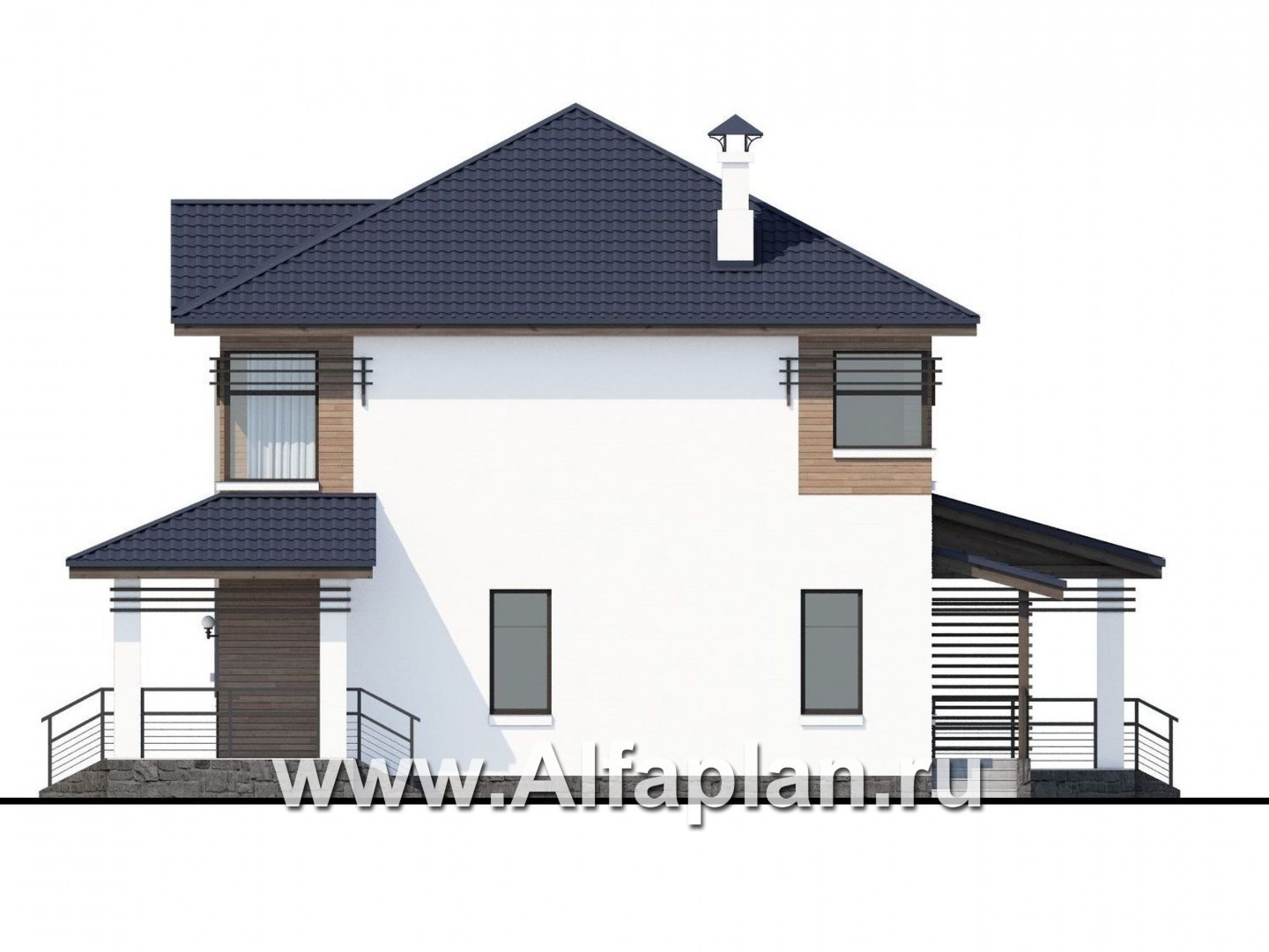 Проекты домов Альфаплан - «Рассвет»- коттедж с большой верандой и  красивыми угловыми окнами - изображение фасада №2