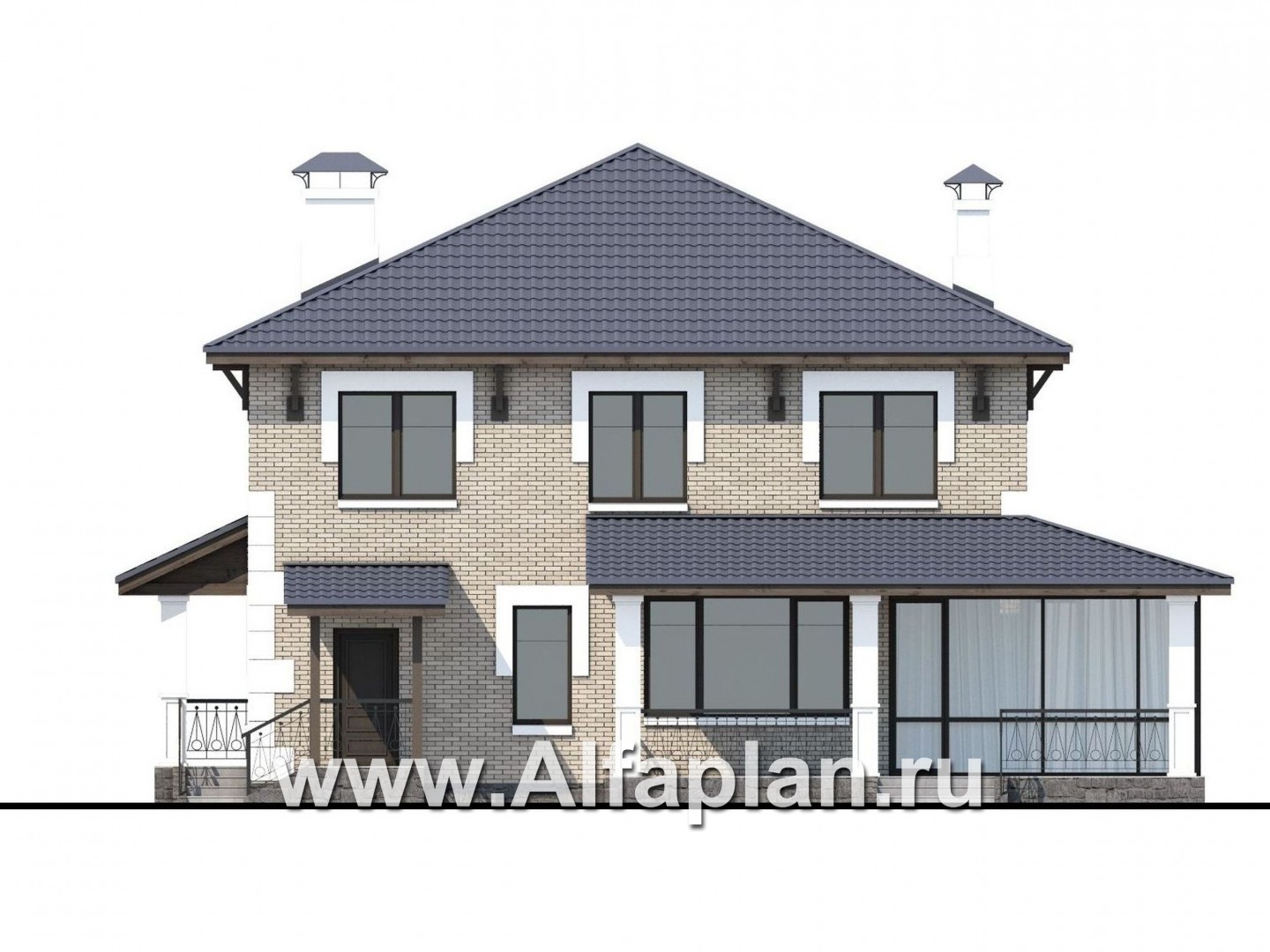 Проекты домов Альфаплан - «Земляничная поляна» - двухэтажный коттедж с большой верандой - изображение фасада №4