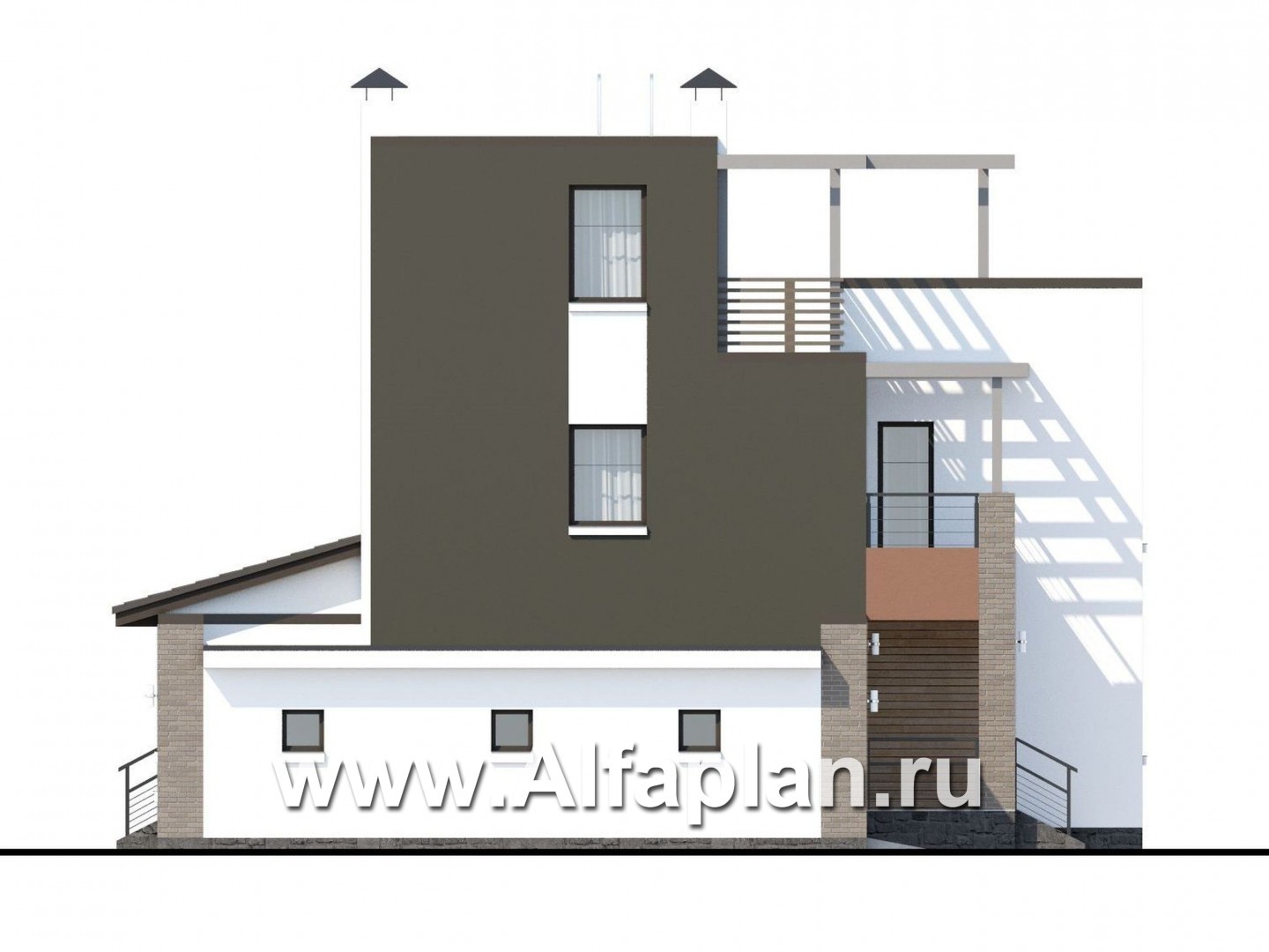 Проекты домов Альфаплан - «Рефлекс» - комфортабельный коттедж с эксплуатируемой кровлей - изображение фасада №3
