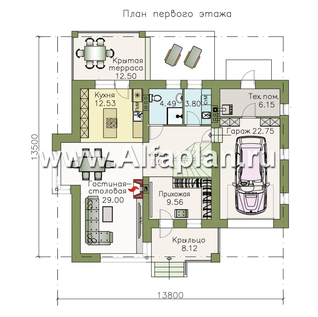 Проекты домов Альфаплан - «Лотос» - компактный современный двухэтажный дом с гаражом - план проекта №1