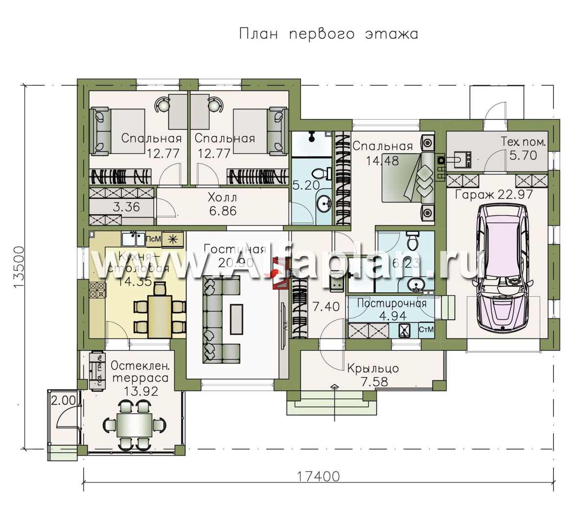 Проекты домов Альфаплан - «Теплый очаг» - компактный одноэтажный дом с гаражом - изображение плана проекта №1