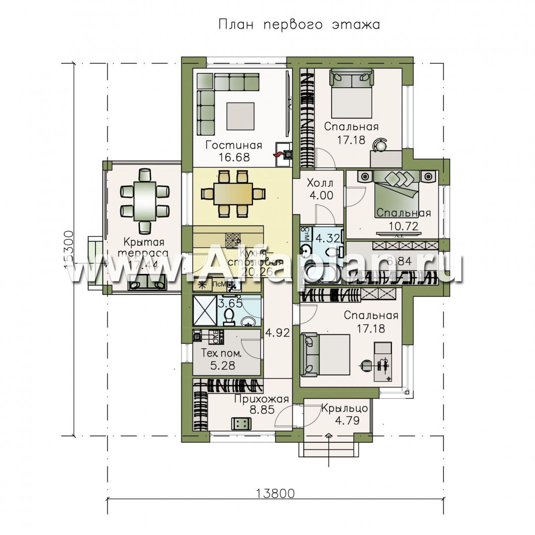 Проекты домов Альфаплан - «Грация» - современный компактный одноэтажный коттедж с террасой - изображение плана проекта №1
