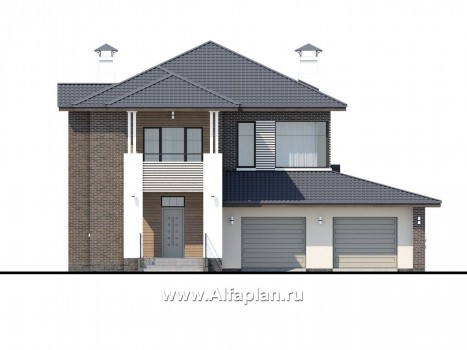 Проекты домов Альфаплан - «Новый поворот» - комфортный двухэтажный дом с гаражом - превью фасада №1