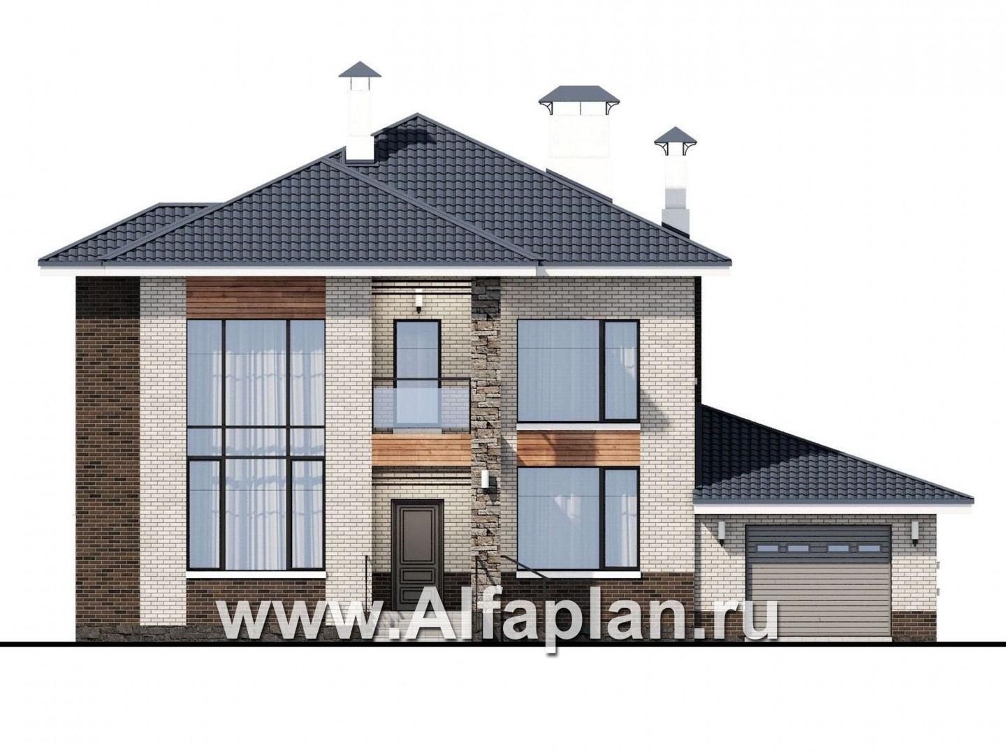 Проекты домов Альфаплан - «Вязьма» - удобный коттедж с двусветной гостиной и гаражом - изображение фасада №1