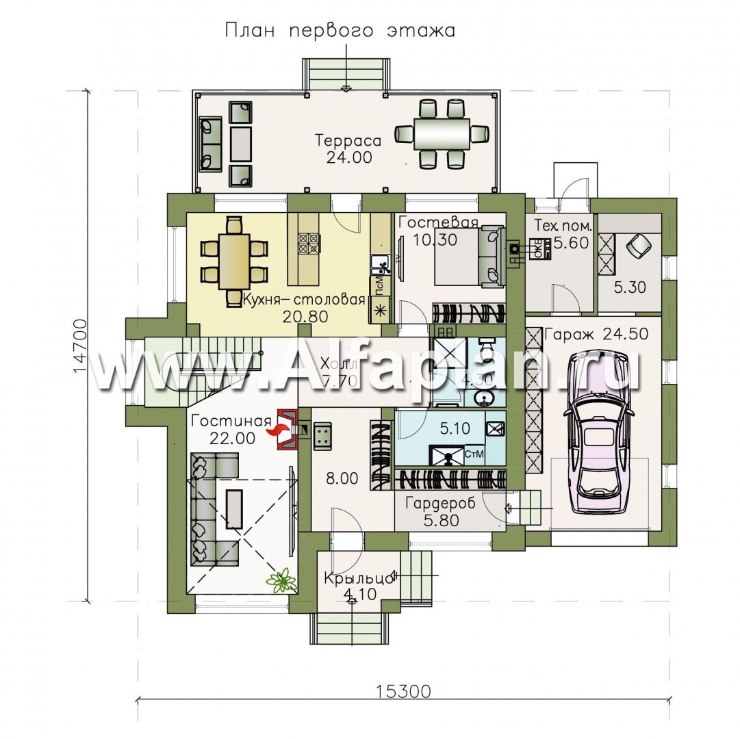 Проекты домов Альфаплан - «Вязьма» - удобный коттедж с двусветной гостиной и гаражом - план проекта №1