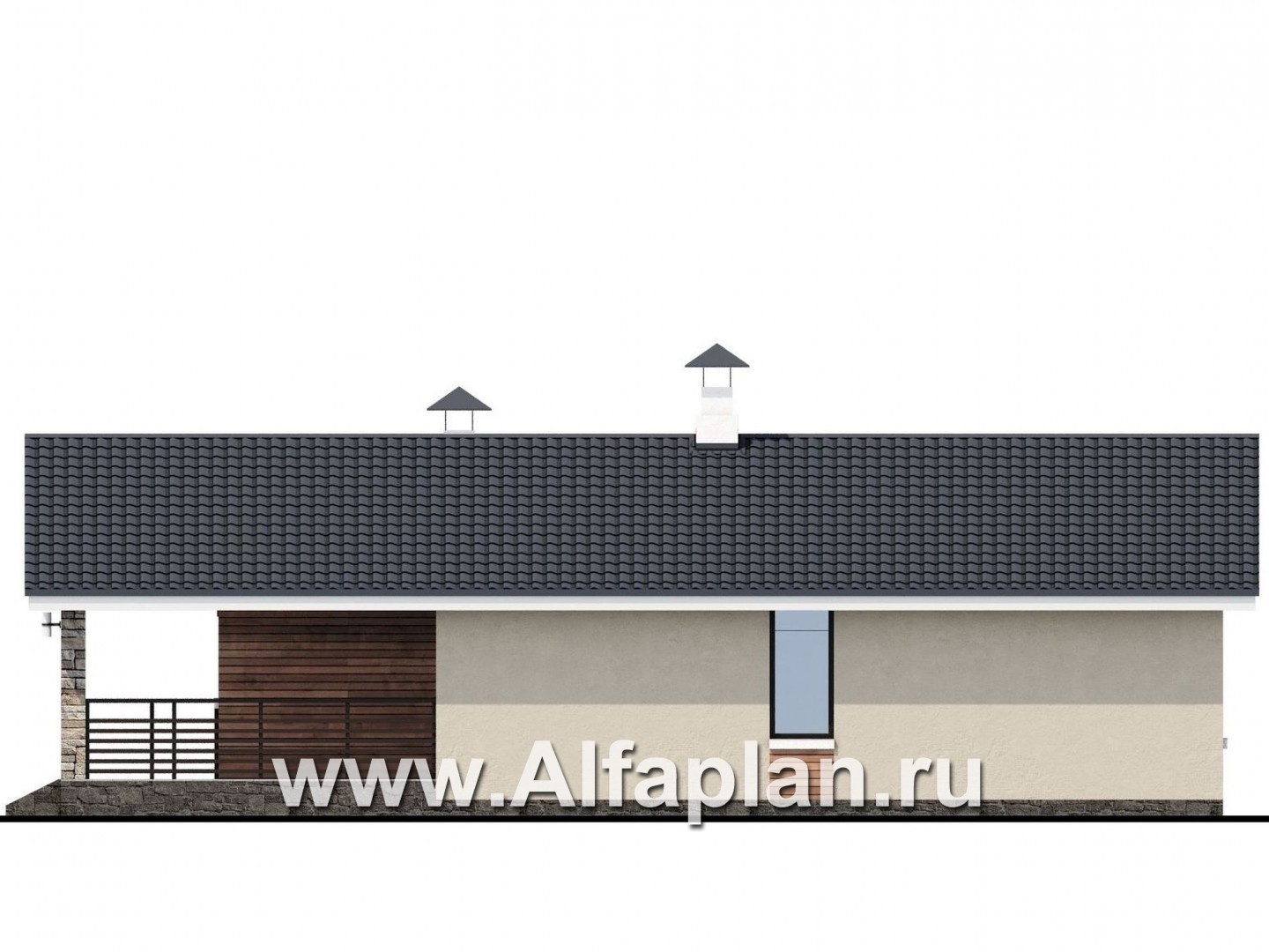 «Родия» - проект одноэтажного дома, 2 спальни, с террасой и двускатной крышей, в современном стиле - фасад дома