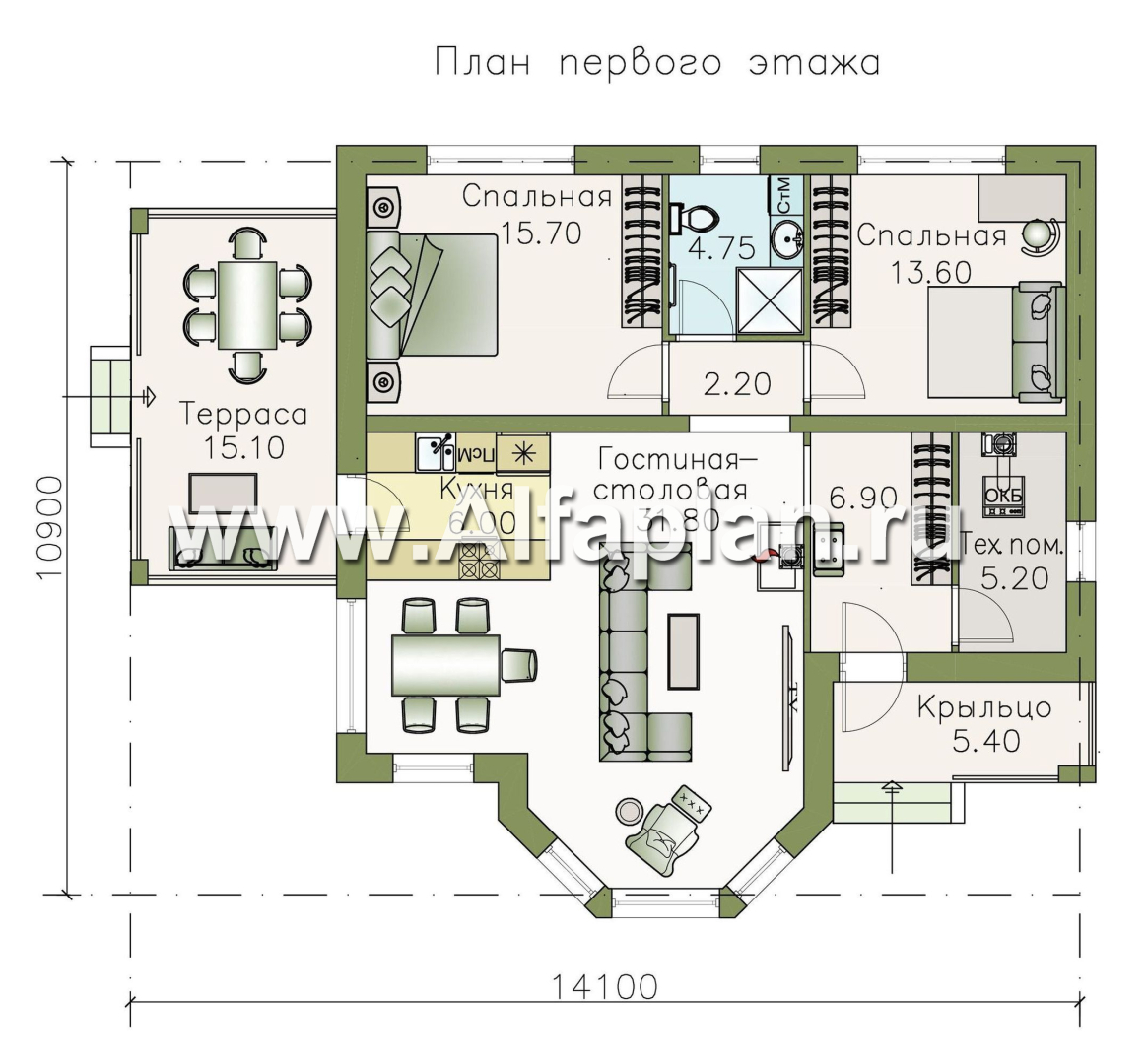 Проекты домов Альфаплан - «Гемера» - стильный одноэтажный дом с эркером и террасой - план проекта №1