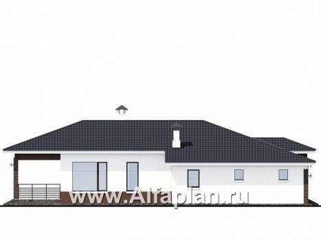 Проекты домов Альфаплан - «Каллиопа» - одноэтажный дом с террасой и гаражом (две спальни) - превью фасада №3