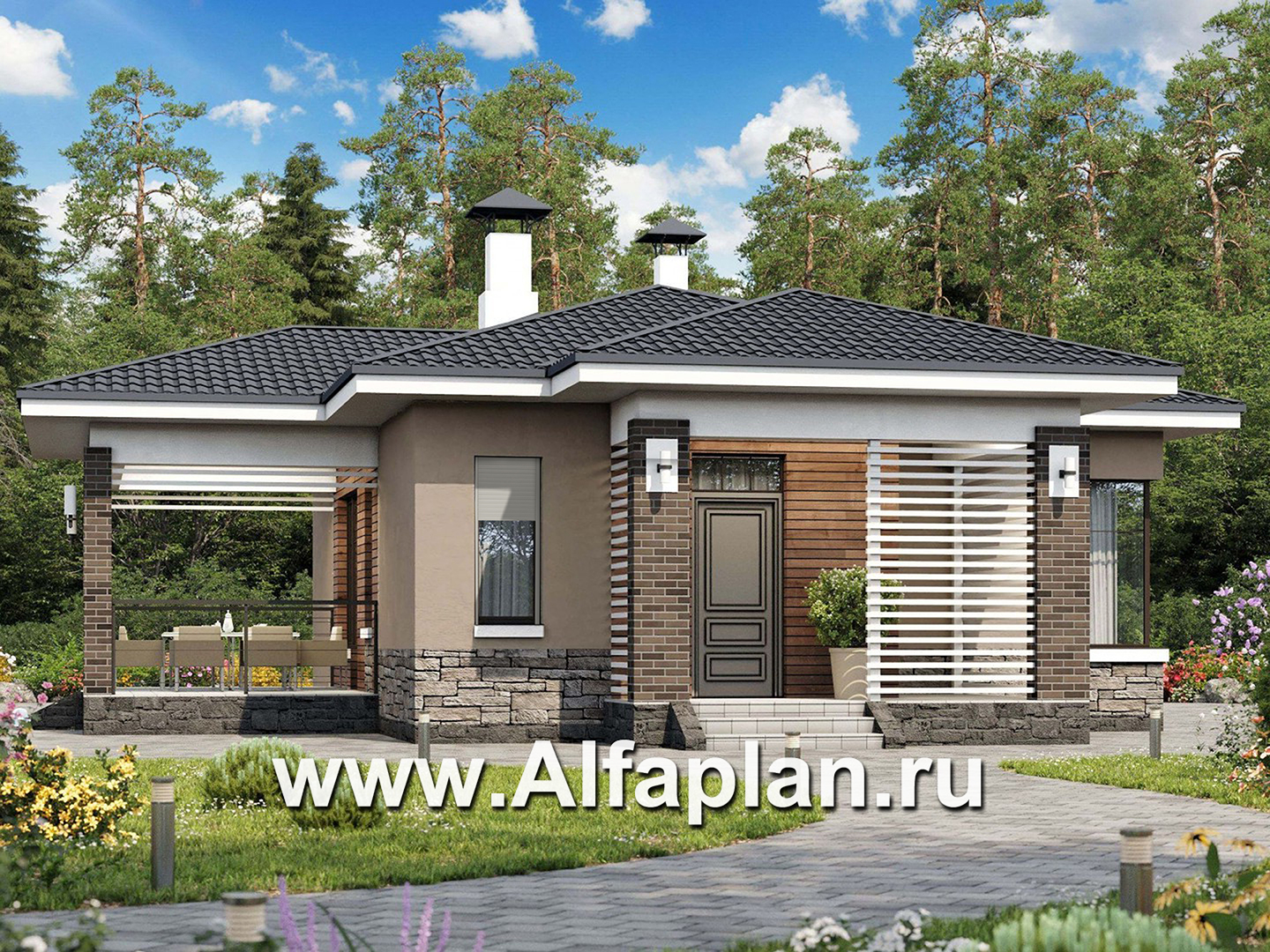 Проекты домов Альфаплан - «Аэда» - небольшой одноэтажный дом с тремя спальнями - основное изображение