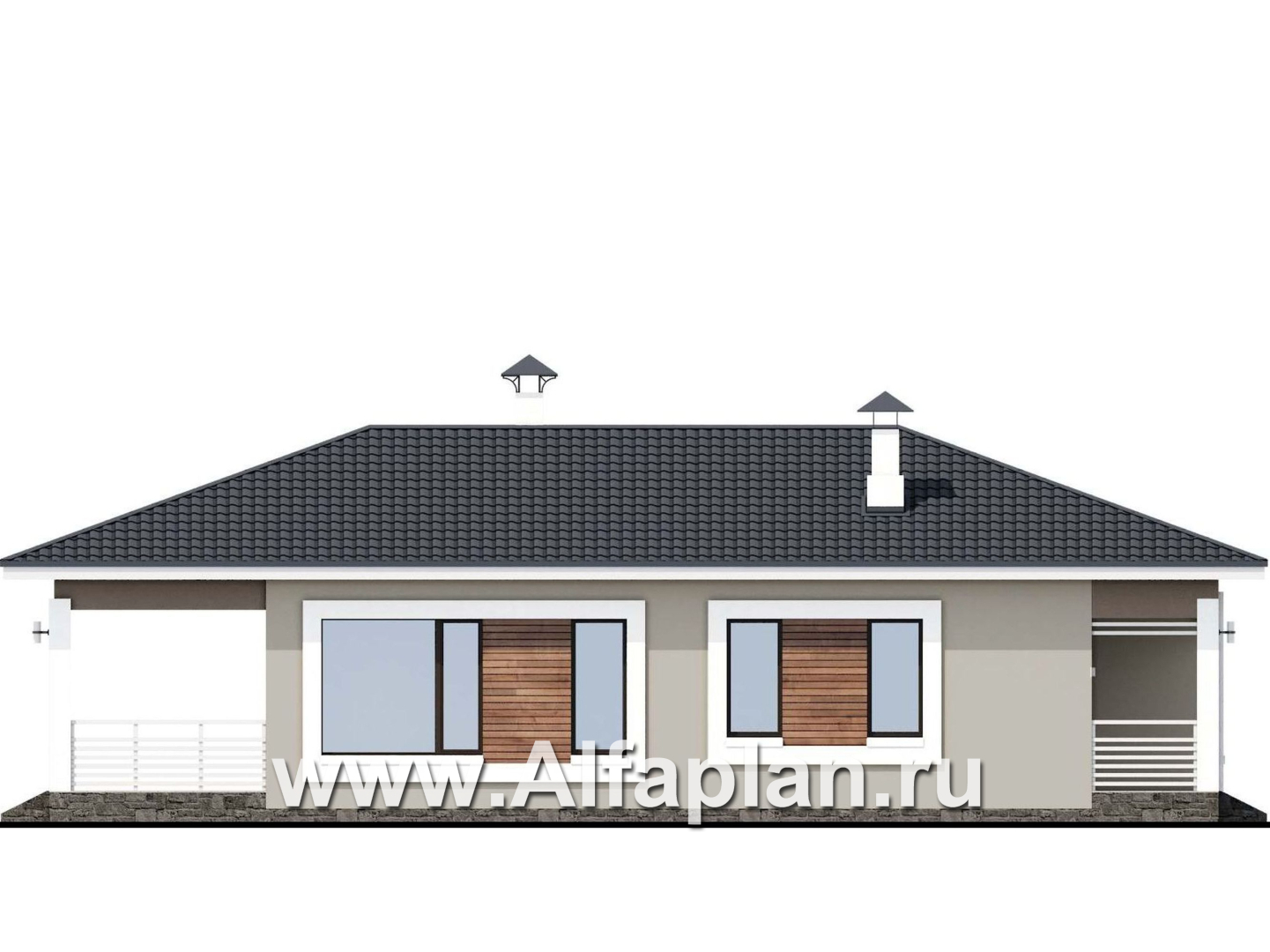 «Каллиопа» - проект одноэтажного дома для узкого участка, 3 спальни, с террасой, в современном стиле - фасад дома
