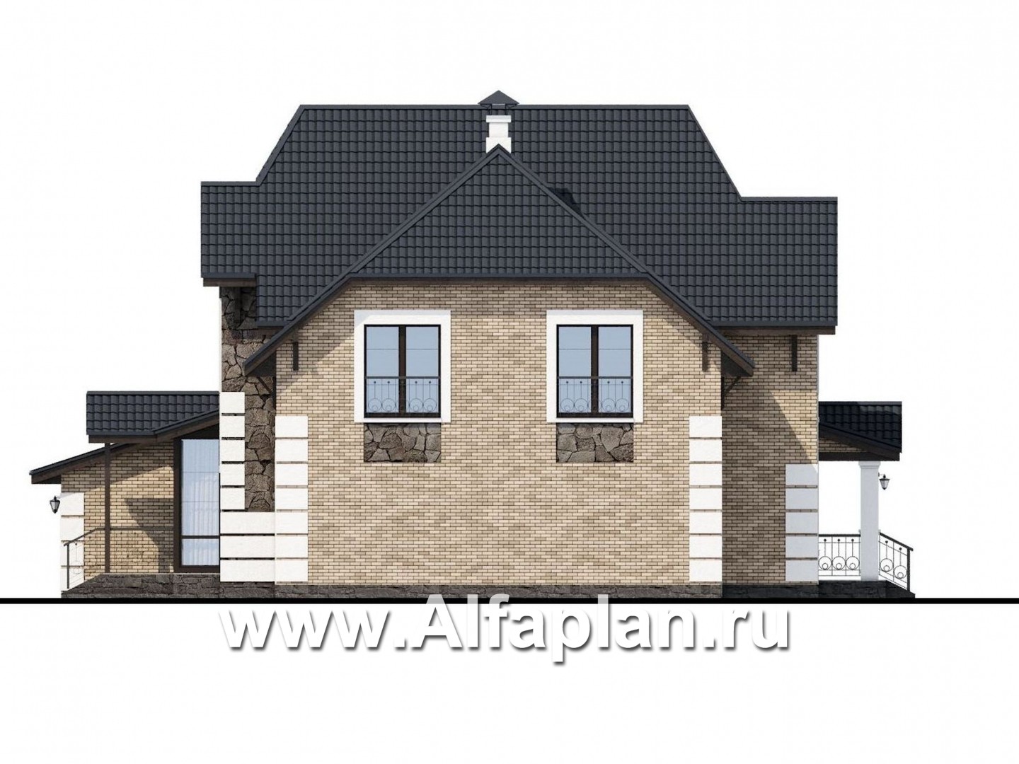 Проекты домов Альфаплан - «Ясная поляна»- коттедж для большой семьи с гаражом на два автомобиля - изображение фасада №2