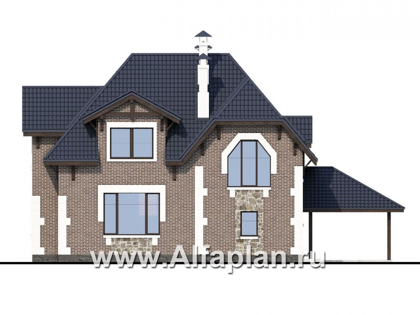Проекты домов Альфаплан - «Корона» - коттедж с гаражом, навесом и красивым эркером - изображение фасада №4